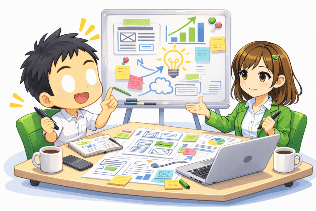 相談する男性と受け答えする女性のイラスト